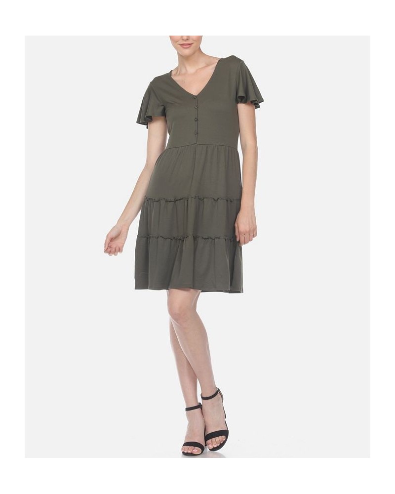 Women's Short Sleeve V-Neck Tiered Dress Olive $28.16 Dresses