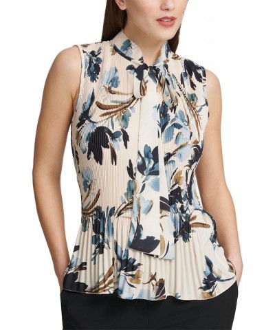 Pleated Floral-Print Sleeveless Blouse Pearl $35.55 Tops