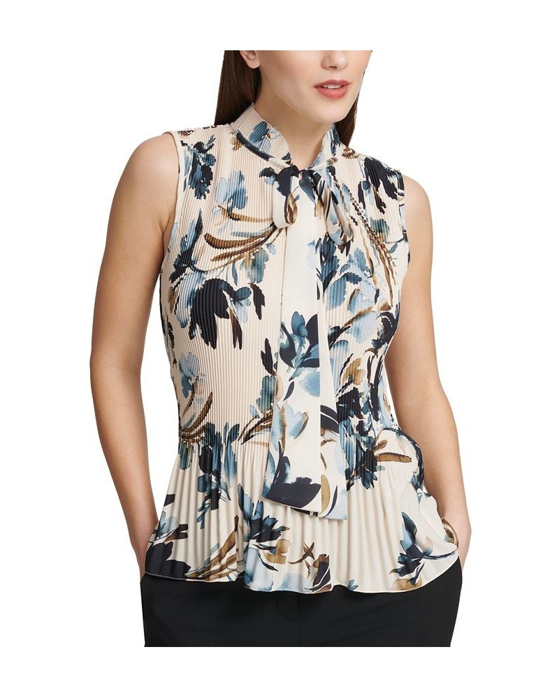 Pleated Floral-Print Sleeveless Blouse Pearl $35.55 Tops