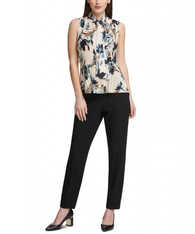 Pleated Floral-Print Sleeveless Blouse Pearl $35.55 Tops