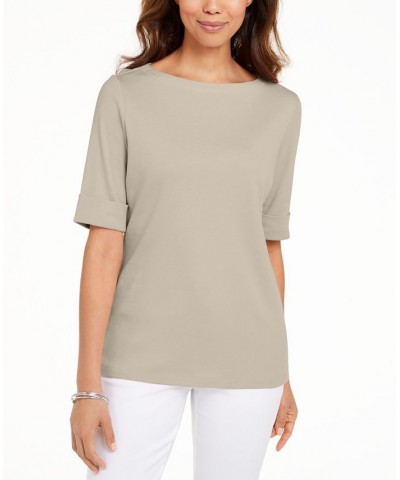 Petite Cotton Elbow-Sleeve T-Shirt Pebble $10.08 Tops