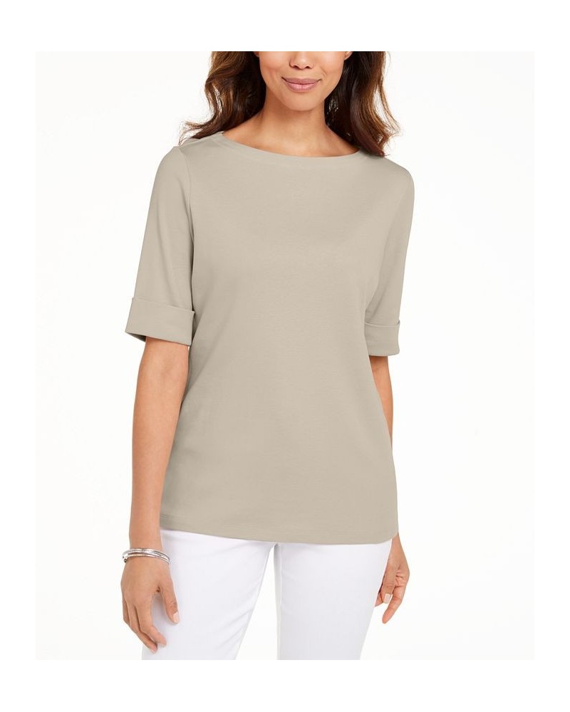 Petite Cotton Elbow-Sleeve T-Shirt Pebble $10.08 Tops