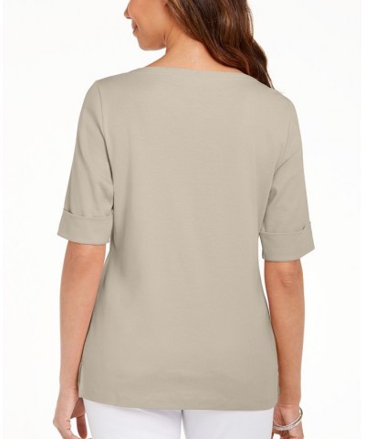 Petite Cotton Elbow-Sleeve T-Shirt Pebble $10.08 Tops