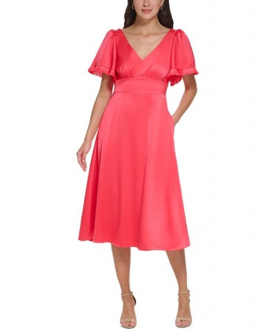 Women's Flutter-Sleeve Fringe-Trim Midi Dress Hot Coral $62.30 Dresses