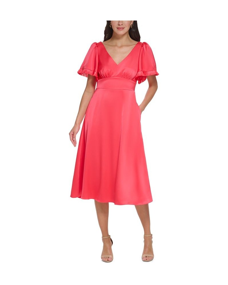 Women's Flutter-Sleeve Fringe-Trim Midi Dress Hot Coral $62.30 Dresses