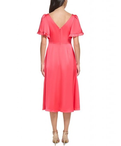 Women's Flutter-Sleeve Fringe-Trim Midi Dress Hot Coral $62.30 Dresses