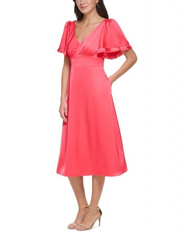 Women's Flutter-Sleeve Fringe-Trim Midi Dress Hot Coral $62.30 Dresses