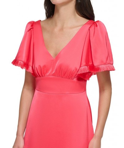 Women's Flutter-Sleeve Fringe-Trim Midi Dress Hot Coral $62.30 Dresses