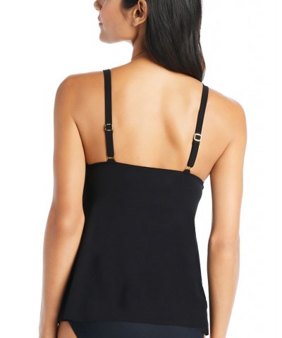 Women's Solid Front-Cascade Tankini Top Black $38.88 Swimsuits