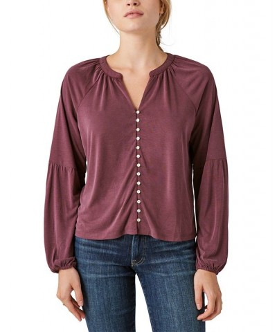 Women's Sandwash Button-Up Split-Neck Top Brown $42.96 Tops