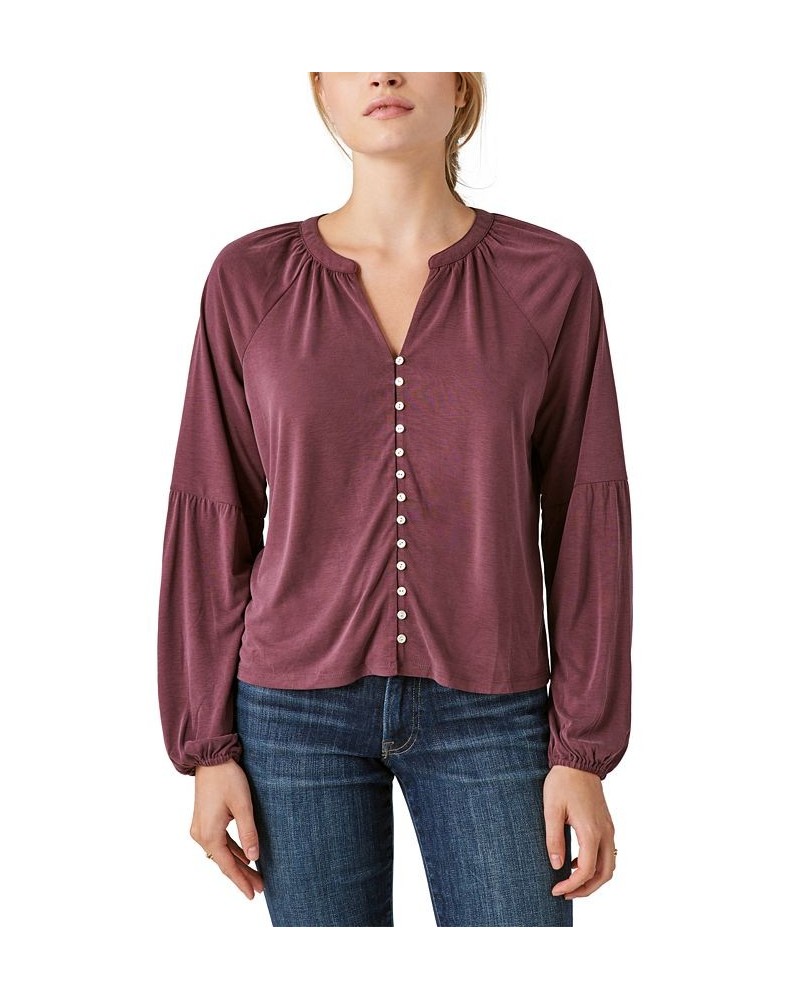 Women's Sandwash Button-Up Split-Neck Top Brown $42.96 Tops