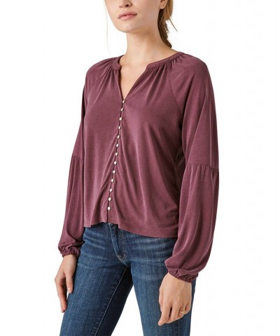 Women's Sandwash Button-Up Split-Neck Top Brown $42.96 Tops