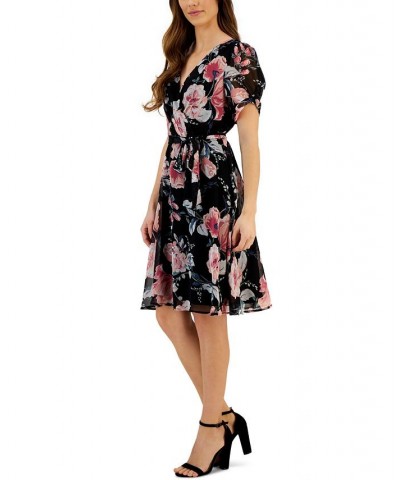 Women's Printed Tie-Waist Short-Sleeve Sheath Dress Coral $48.95 Dresses