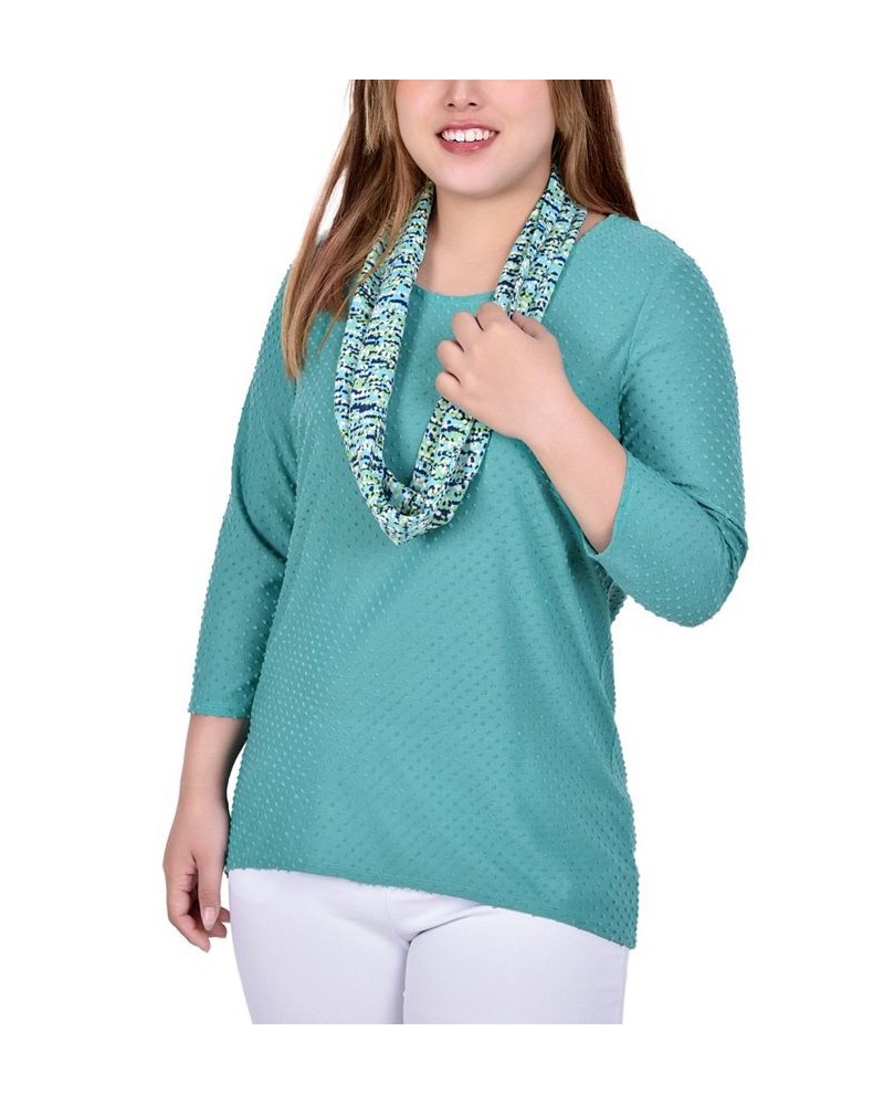 Plus Size 3/4 Sleeve Textured Tunic with Detachable Scarf Set 2 Piece Blue $11.93 Tops