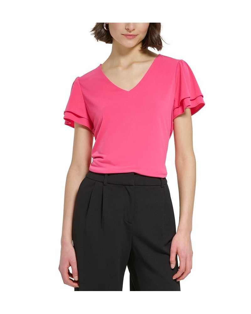 Petite V-Neck Tiered Flutter-Sleeve Top Rosebud $29.44 Tops