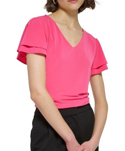 Petite V-Neck Tiered Flutter-Sleeve Top Rosebud $29.44 Tops