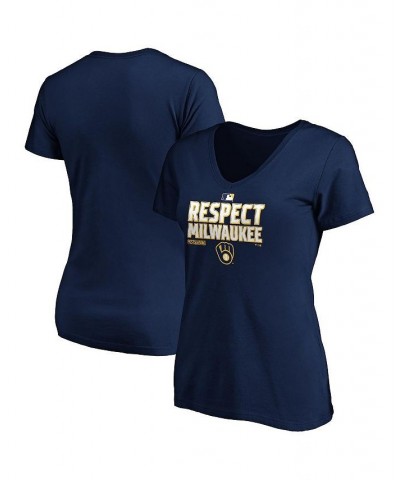 Women's Branded Navy Milwaukee Brewers 2020 Postseason Locker Room V-Neck T-shirt Navy $20.25 Tops