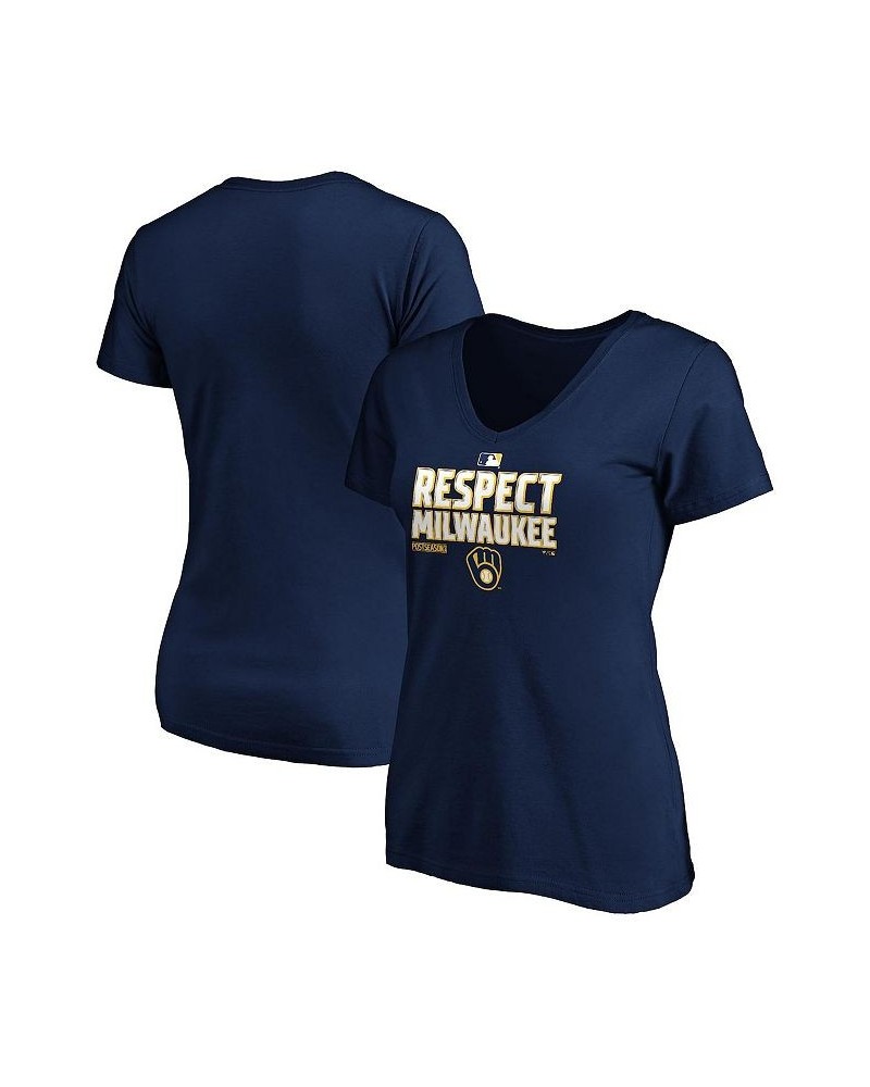 Women's Branded Navy Milwaukee Brewers 2020 Postseason Locker Room V-Neck T-shirt Navy $20.25 Tops