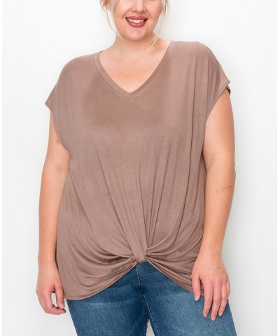 Plus Size V-neck Twist Front Top Toffee $16.56 Tops