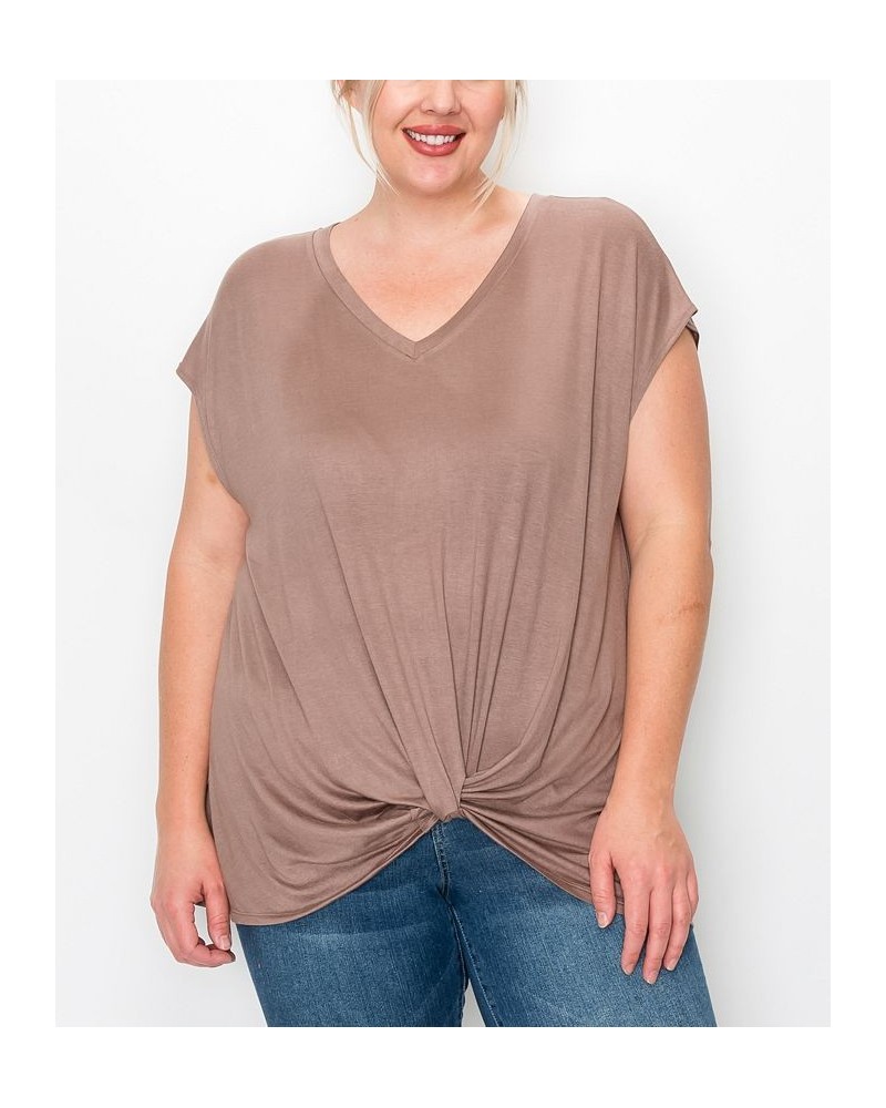 Plus Size V-neck Twist Front Top Toffee $16.56 Tops