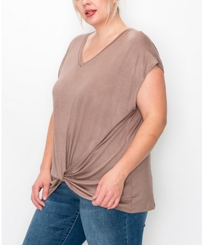 Plus Size V-neck Twist Front Top Toffee $16.56 Tops