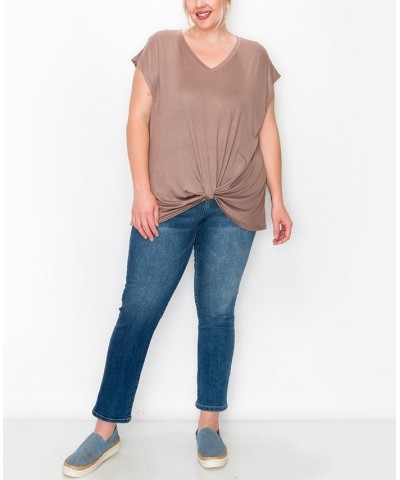 Plus Size V-neck Twist Front Top Toffee $16.56 Tops