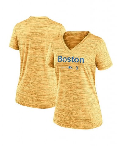Women's Gold Boston Red Sox 2021 MLB City Connect Velocity Space-Dye Performance V-Neck T-shirt Gold $21.59 Tops