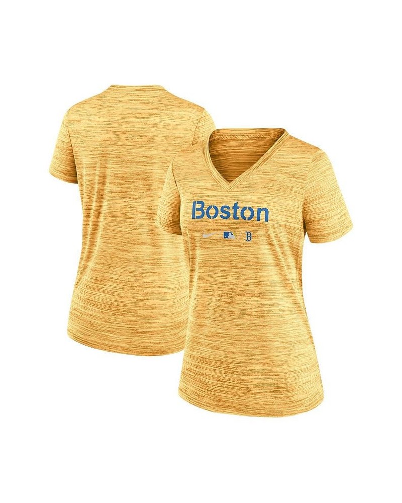 Women's Gold Boston Red Sox 2021 MLB City Connect Velocity Space-Dye Performance V-Neck T-shirt Gold $21.59 Tops