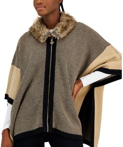 Petite Colorblocked Zip-Front Poncho With Faux-Fur Trim Light Coffee/Anne Black $46.48 Sweaters