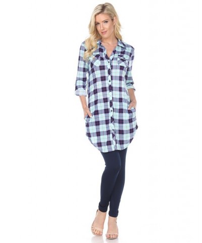 Women's Piper Stretchy Plaid Tunic Light Green $29.76 Tops