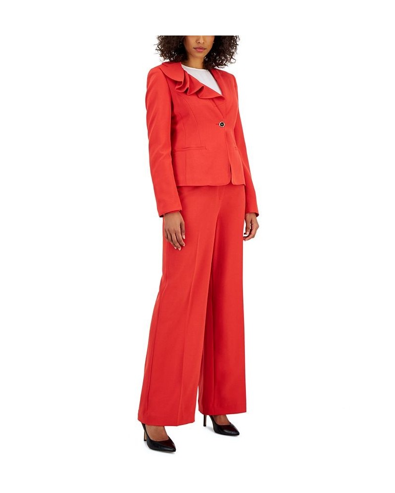 Women's Asymmetrical Ruffled One-Button Jacket & Wide-Leg Pant Suit Cherry Sprig $89.10 Suits