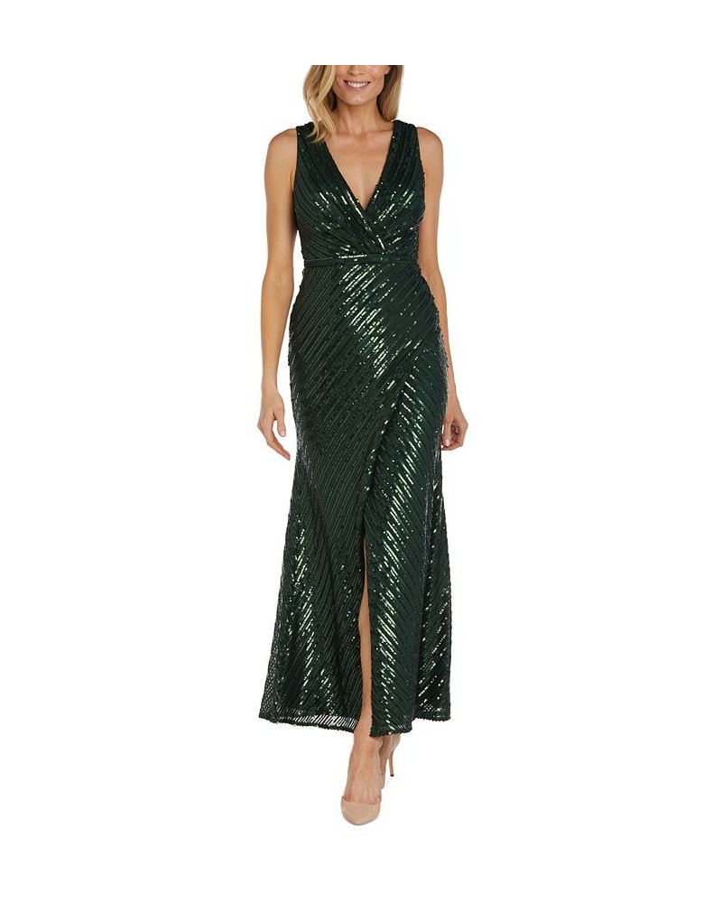 Women's Faux-Wrap Sleeveless Sequin Gown Pine $75.62 Dresses