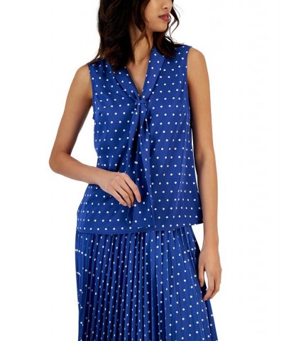 Women's Polka-Dot Sailor-Tie Sleeveless Blouse Azure Blue/ivory $18.92 Tops