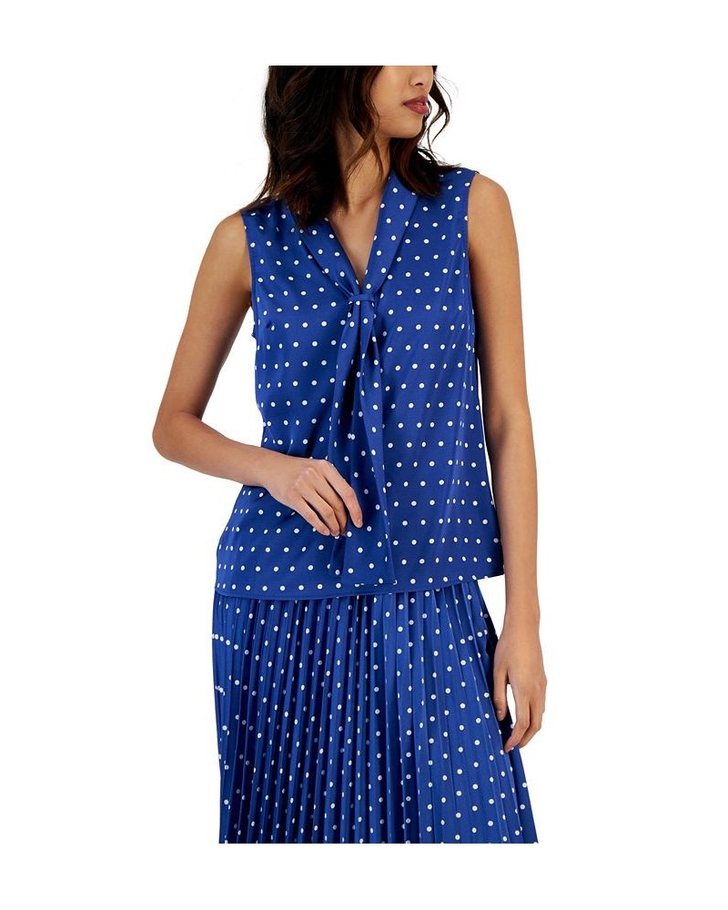 Women's Polka-Dot Sailor-Tie Sleeveless Blouse Azure Blue/ivory $18.92 Tops