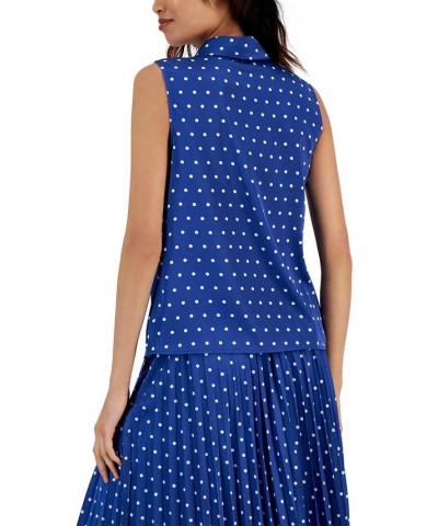 Women's Polka-Dot Sailor-Tie Sleeveless Blouse Azure Blue/ivory $18.92 Tops