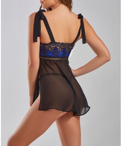 Women's Missy Lace and Mesh Babydoll and Panty Set with Functional Shoulder Ties 2 Piece Blue-Black $30.10 Lingerie