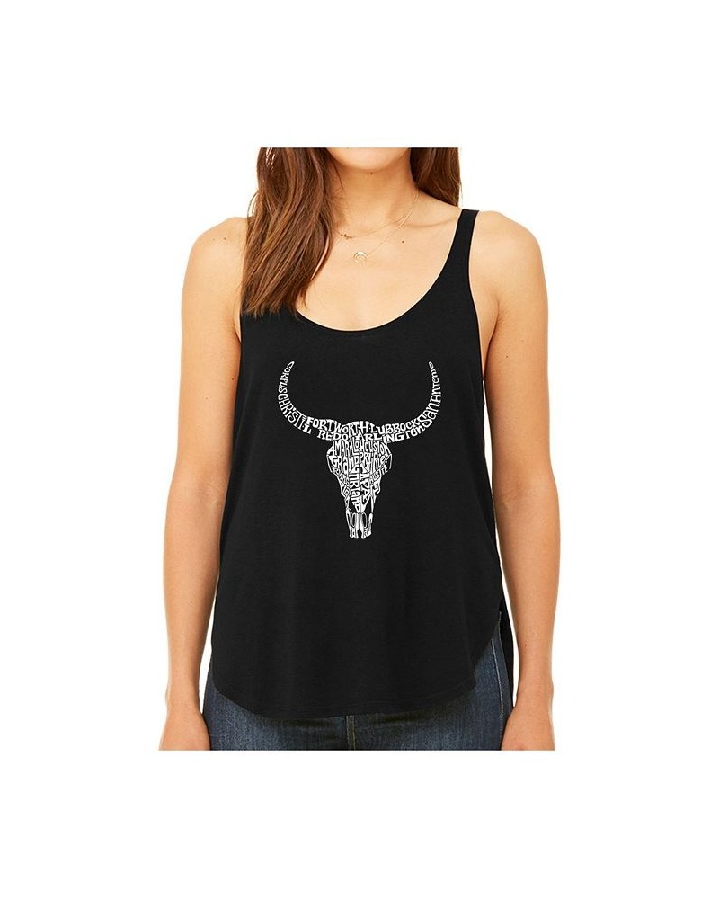 Women's Premium Word Art Flowy Tank Top- Texas Skull Black $24.74 Tops