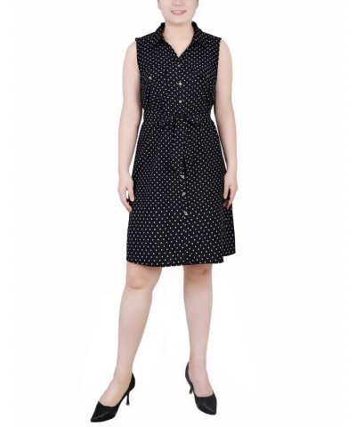 Petite Printed Sleeveless Belted Shirtdress Black White Dot $20.06 Dresses