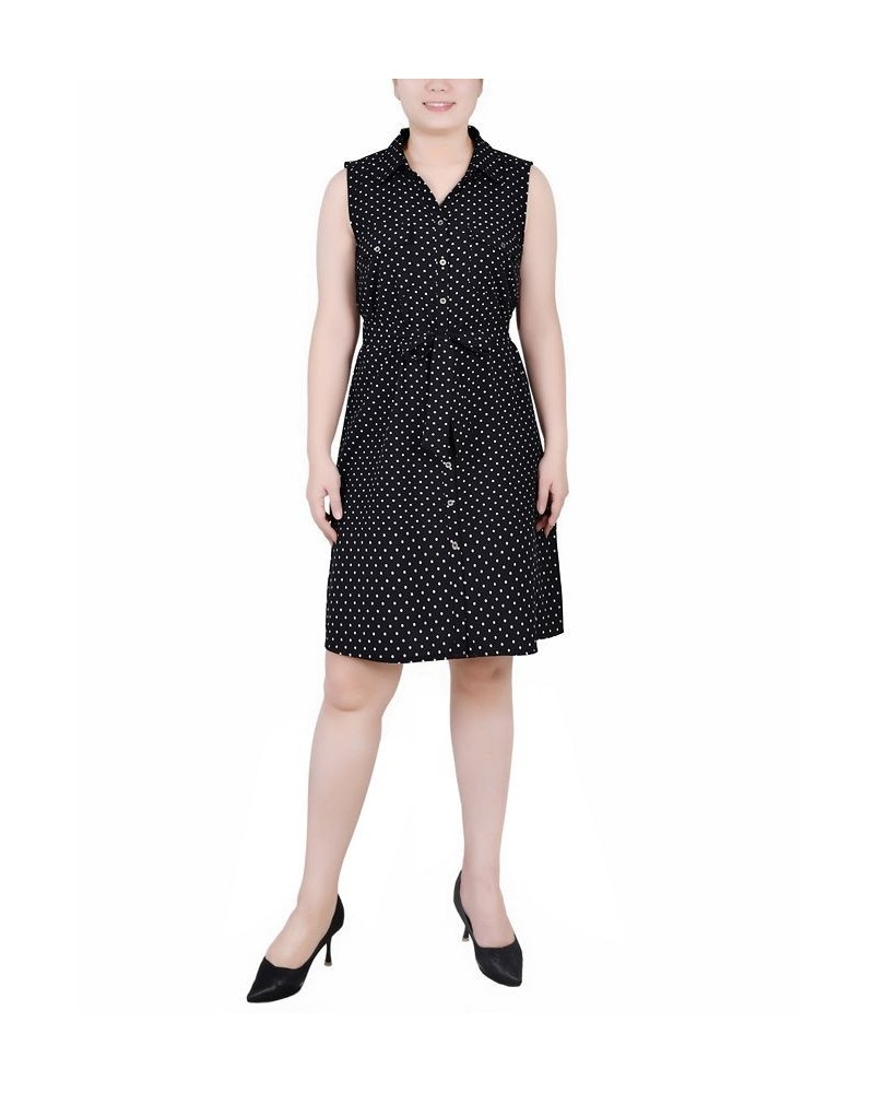 Petite Printed Sleeveless Belted Shirtdress Black White Dot $20.06 Dresses