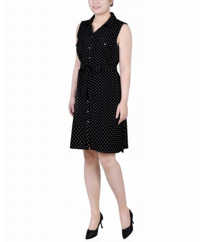 Petite Printed Sleeveless Belted Shirtdress Black White Dot $20.06 Dresses