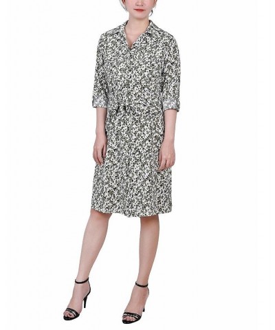 Petite Printed Long Sleeve Roll Tab Shirtdress Ivory Olive Cells $20.72 Dresses