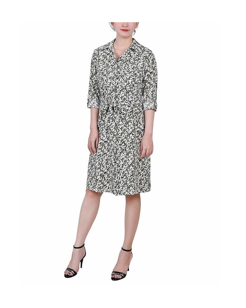 Petite Printed Long Sleeve Roll Tab Shirtdress Ivory Olive Cells $20.72 Dresses