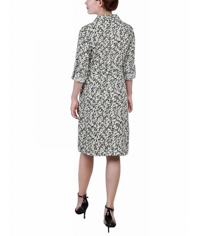 Petite Printed Long Sleeve Roll Tab Shirtdress Ivory Olive Cells $20.72 Dresses