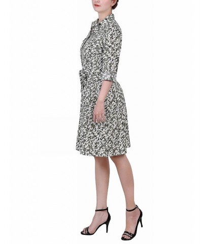 Petite Printed Long Sleeve Roll Tab Shirtdress Ivory Olive Cells $20.72 Dresses