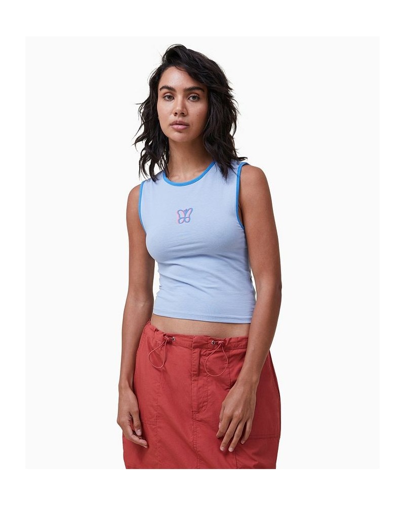 Women's 90s Crop Graphic Tank Top Blue $16.80 Tops