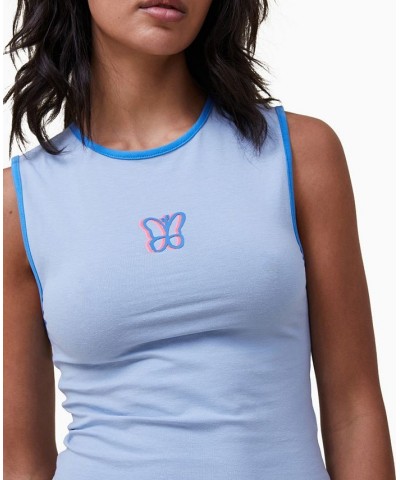 Women's 90s Crop Graphic Tank Top Blue $16.80 Tops