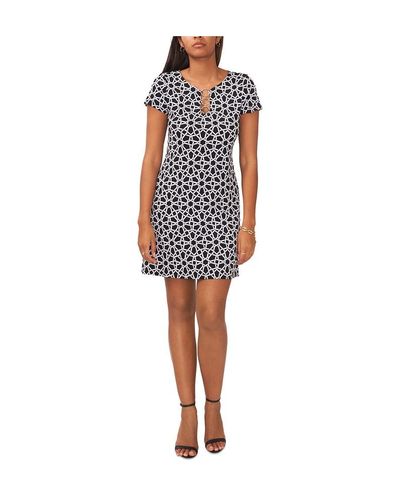 Women's Printed Three-Ring Short-Sleeve Shift Dress Black/ivory $26.39 Dresses