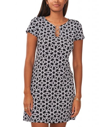 Women's Printed Three-Ring Short-Sleeve Shift Dress Black/ivory $26.39 Dresses