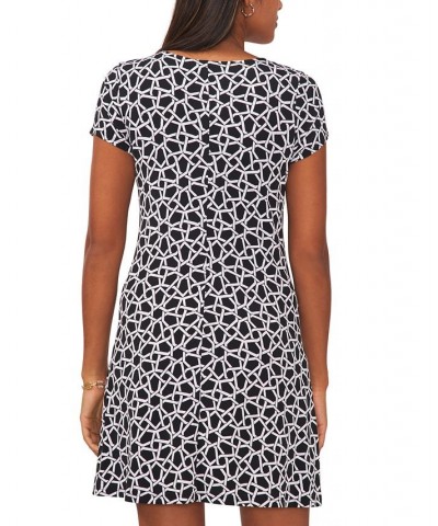 Women's Printed Three-Ring Short-Sleeve Shift Dress Black/ivory $26.39 Dresses