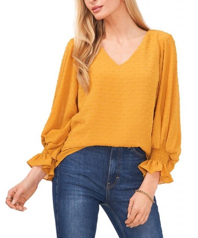 Women's Clip-Dot Smocked-Cuff Top Yellow $44.50 Tops